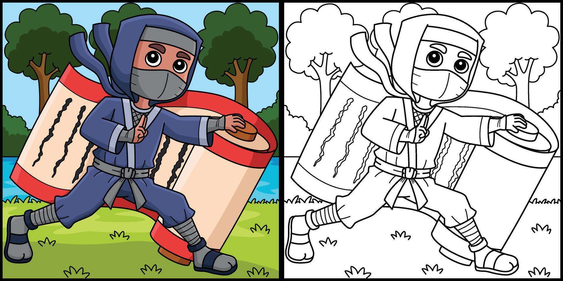Ninja Holding a Big Scroll Coloring Illustration vector