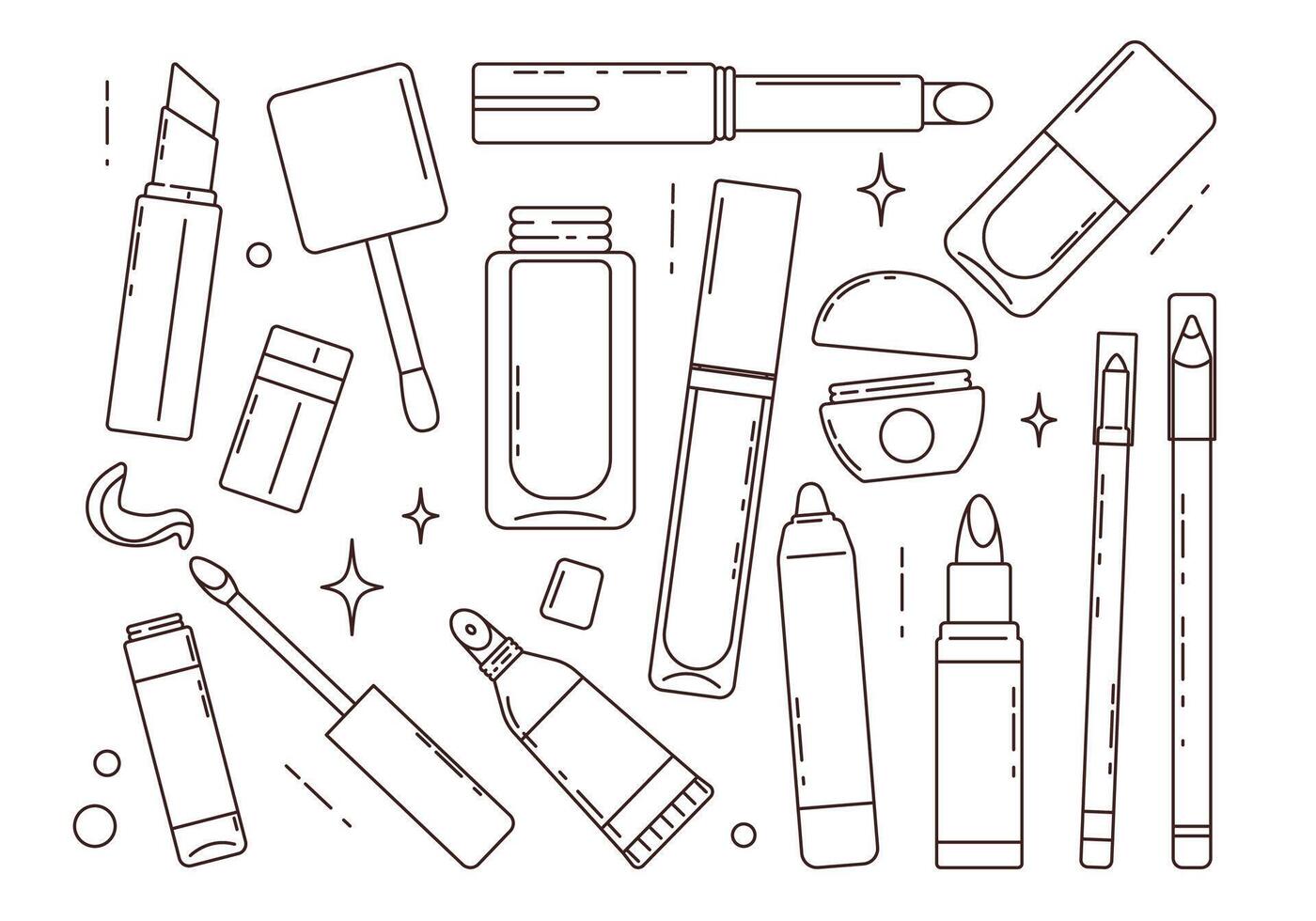 Lineart of various lipstick set. Collection of stickers lip color, balm, gloss, cosmetics vector