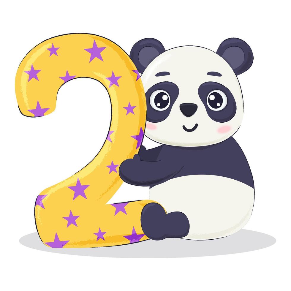 Panda bear cute character with number two. Second baby birthday postcard, invitation element. vector