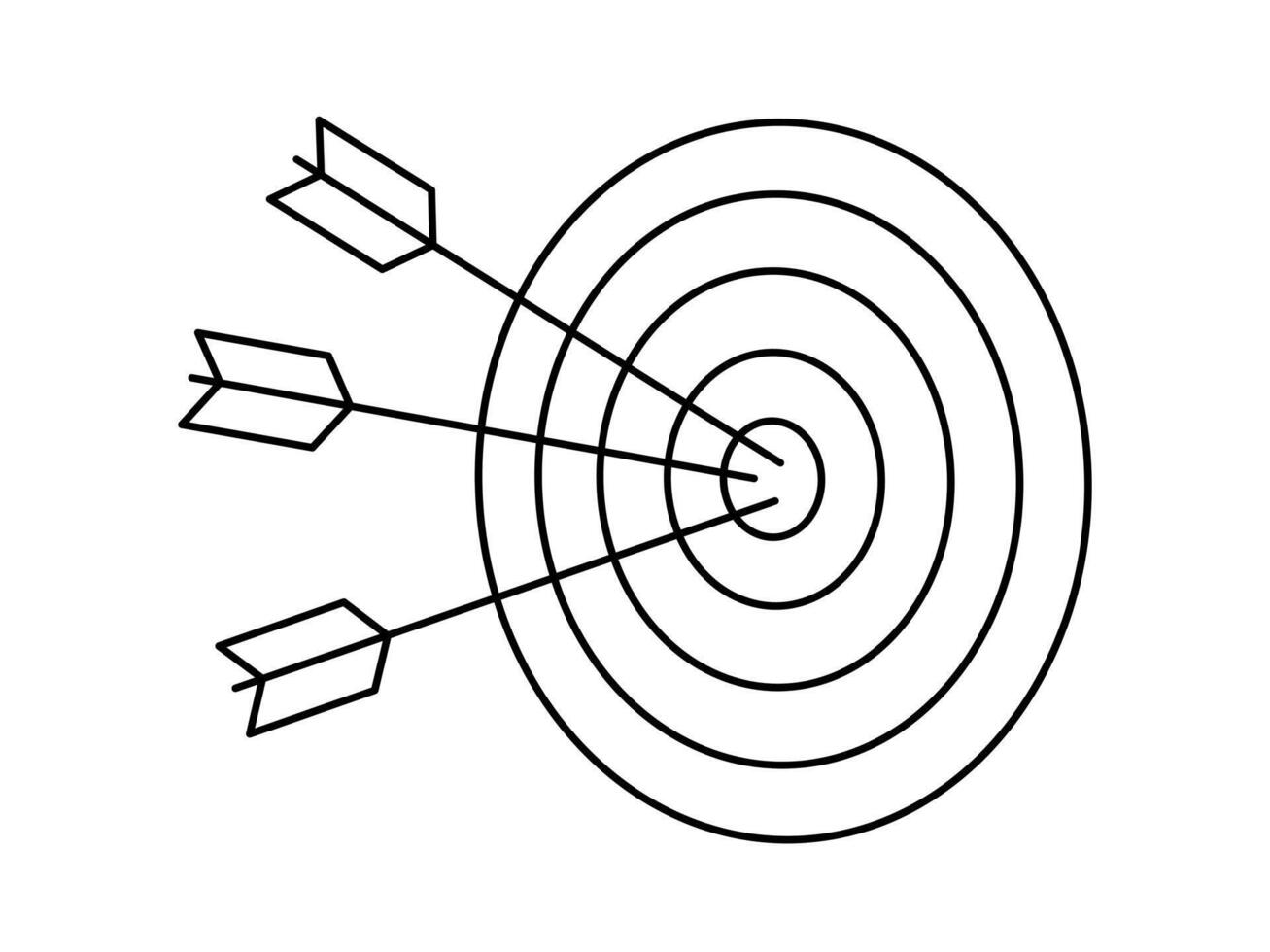 Hand drawn cute outline illustration of three arrows hit center of target. Flat hit bull's eye line art doodle. Successful business strategy icon. Goal achievement. Problem solution. Isolated. vector