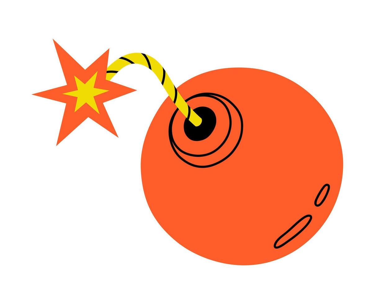 Hand drawn cute cartoon illustration of bomb with a burning wick. Danger explosive weapon. Flat stress or problem in doodle style. Planning or time management icon. Event deadline. Isolated. vector