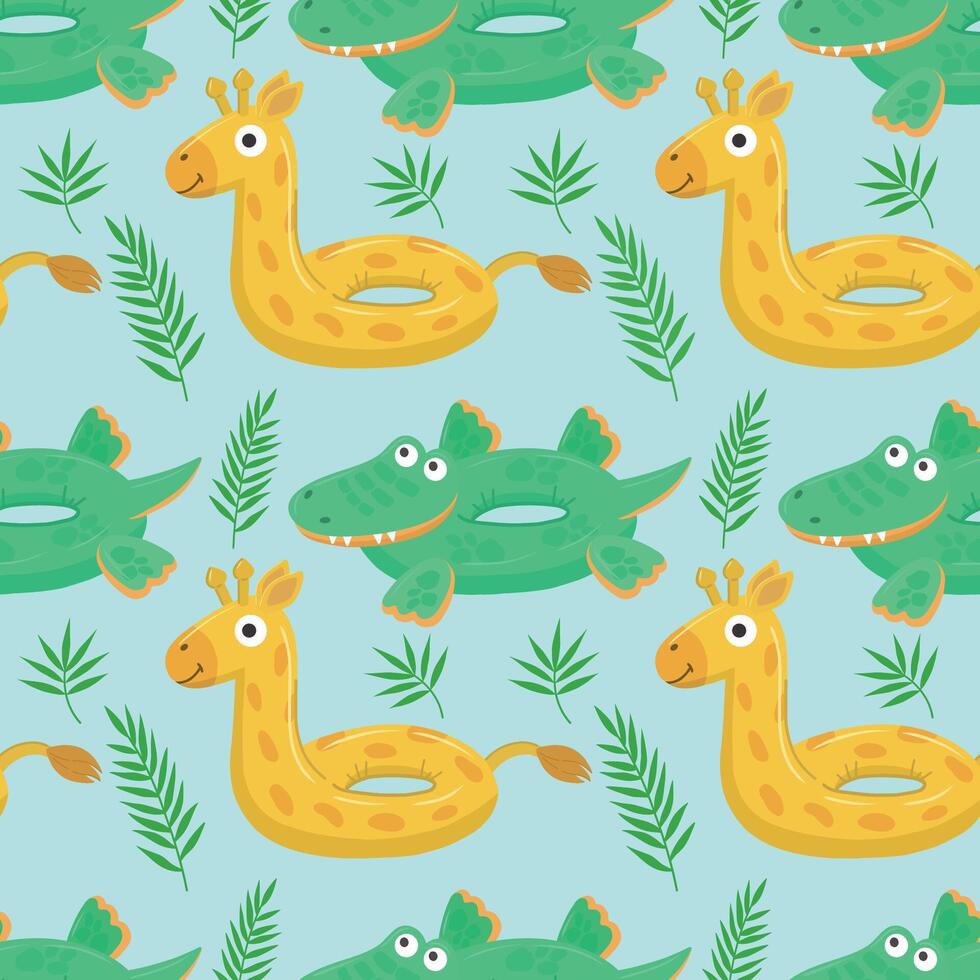 Seamless pattern with green inflatable crocodile and yellow giraffe. A float for the pool. Inflatable colorful crocodiles and giraffes. A swimming circle. template for your summer beach design vector