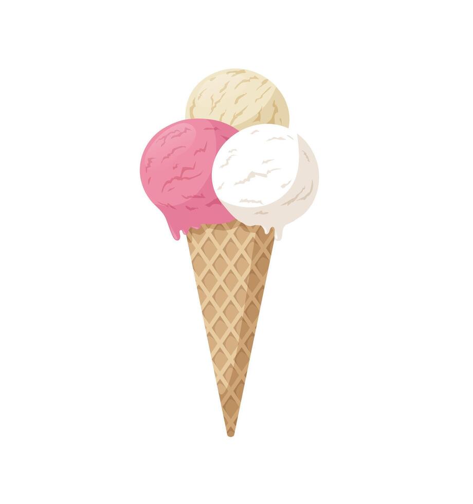 Ice Cream cone illustration with three flavors isolated on white background. Tasty cold dairy dessert for summer vector