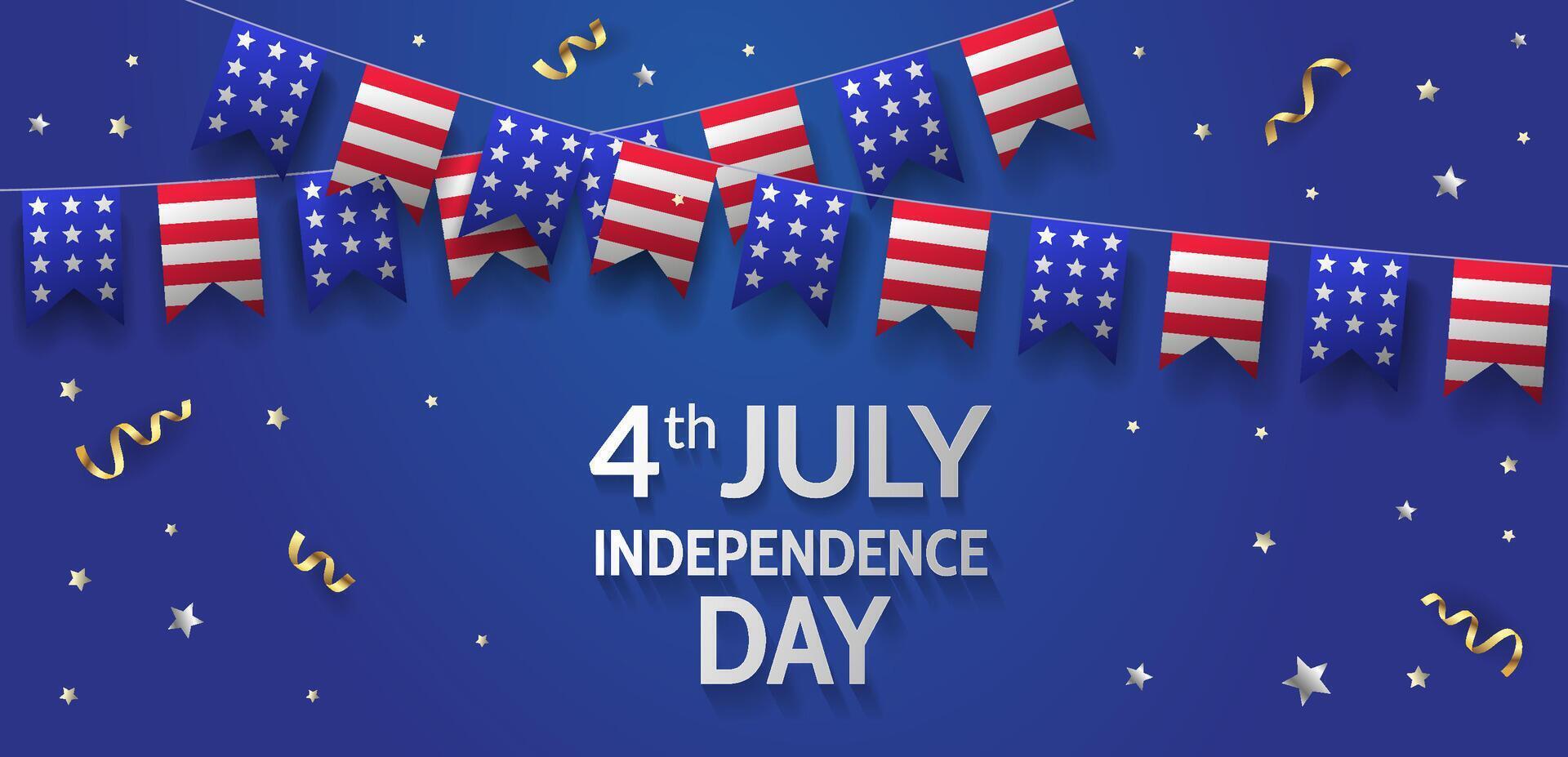 Independence Day in USA banner design with american flags decoration and confetti on blue background. 4th July vector