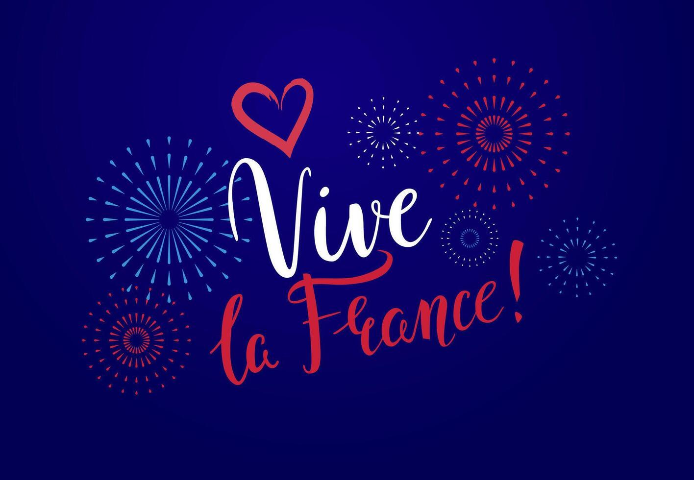 Vive la France greeting card with handwritten lettering and fireworks for French National Day. Bastille Day, July 14 vector