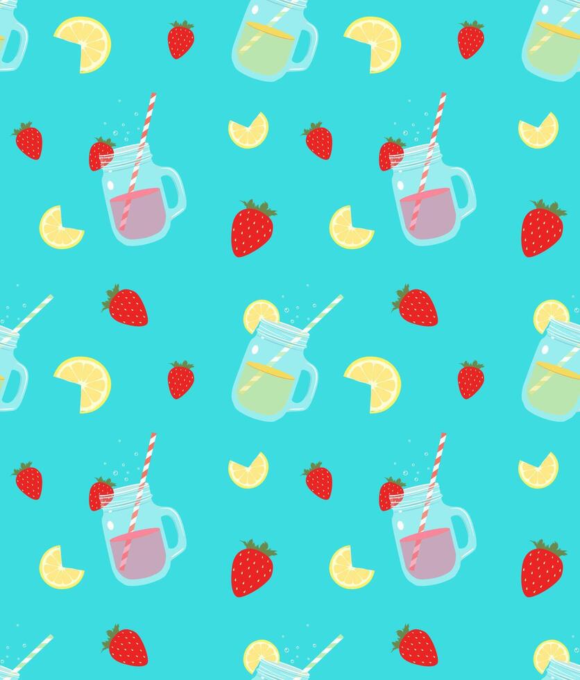Lemonade jar pattern with lemon slices and strawberries vector