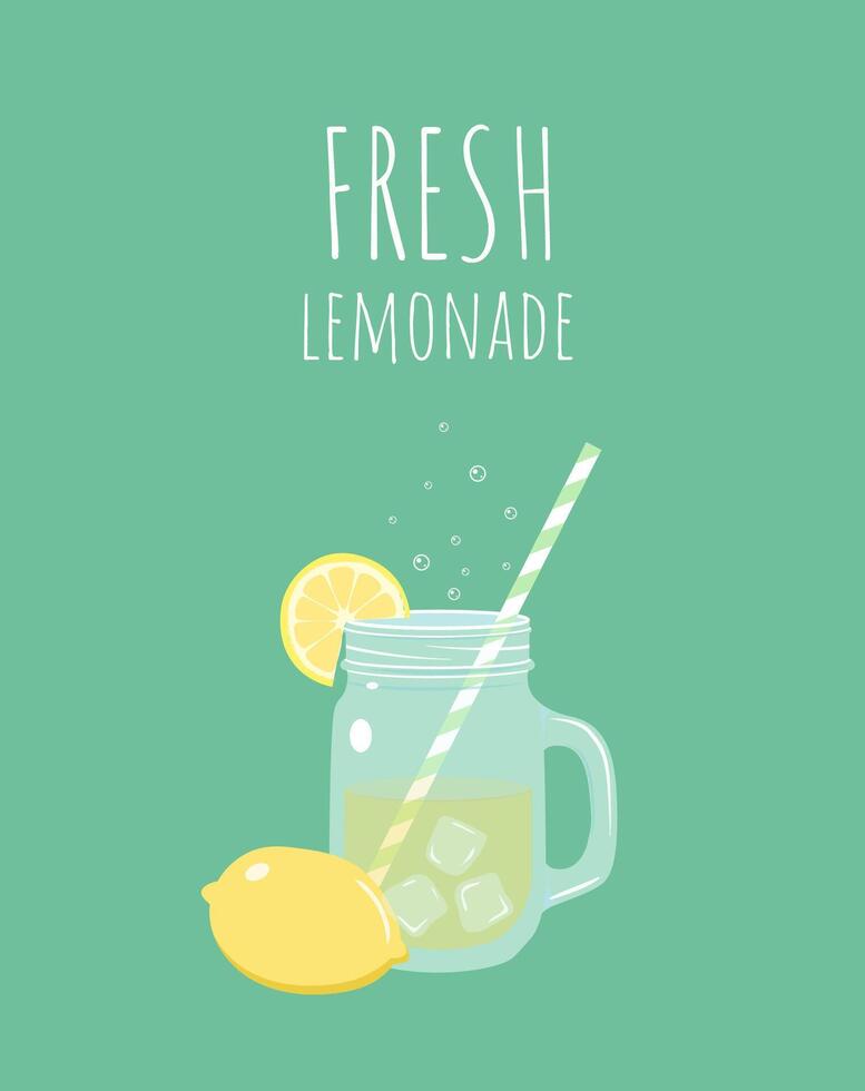 Lemonade in jar with lemon and lemon slice illustration. Fresh cold summer drink vector