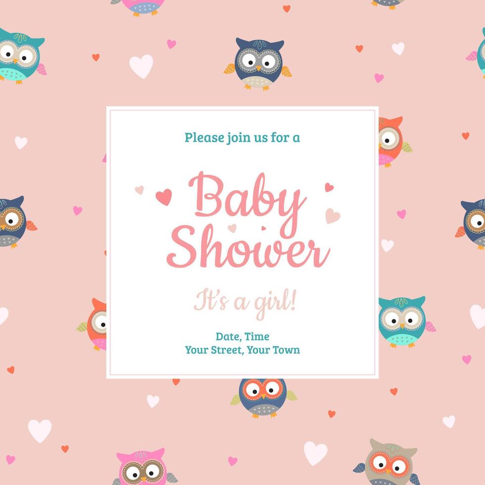 Baby Shower invitation design template. It's a girl card with little owls and hearts pattern on background vector