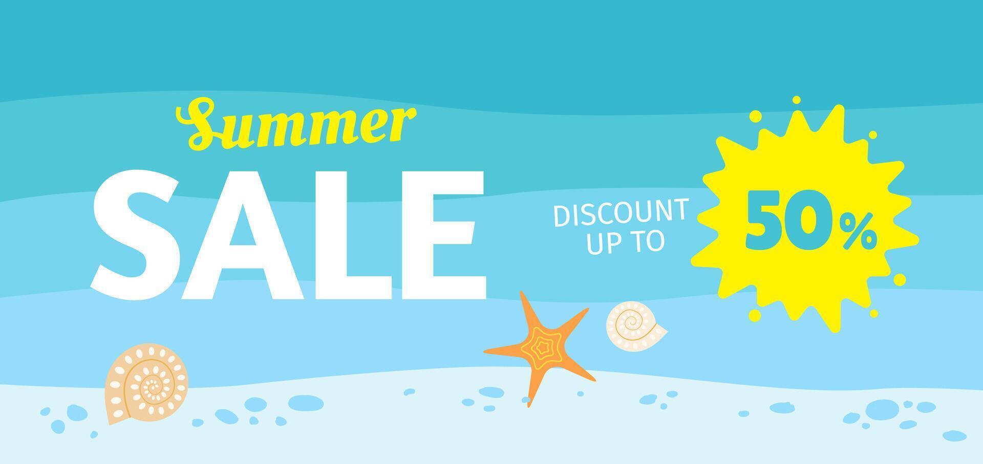 Summer Sale flyer design concept with ocean waves, sea star and shells. Discount up to 50 vector