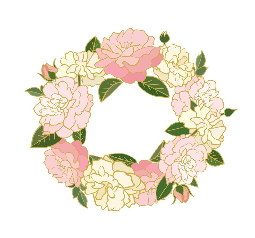 Peony and rose flowers wreath illustration isolated on white background vector