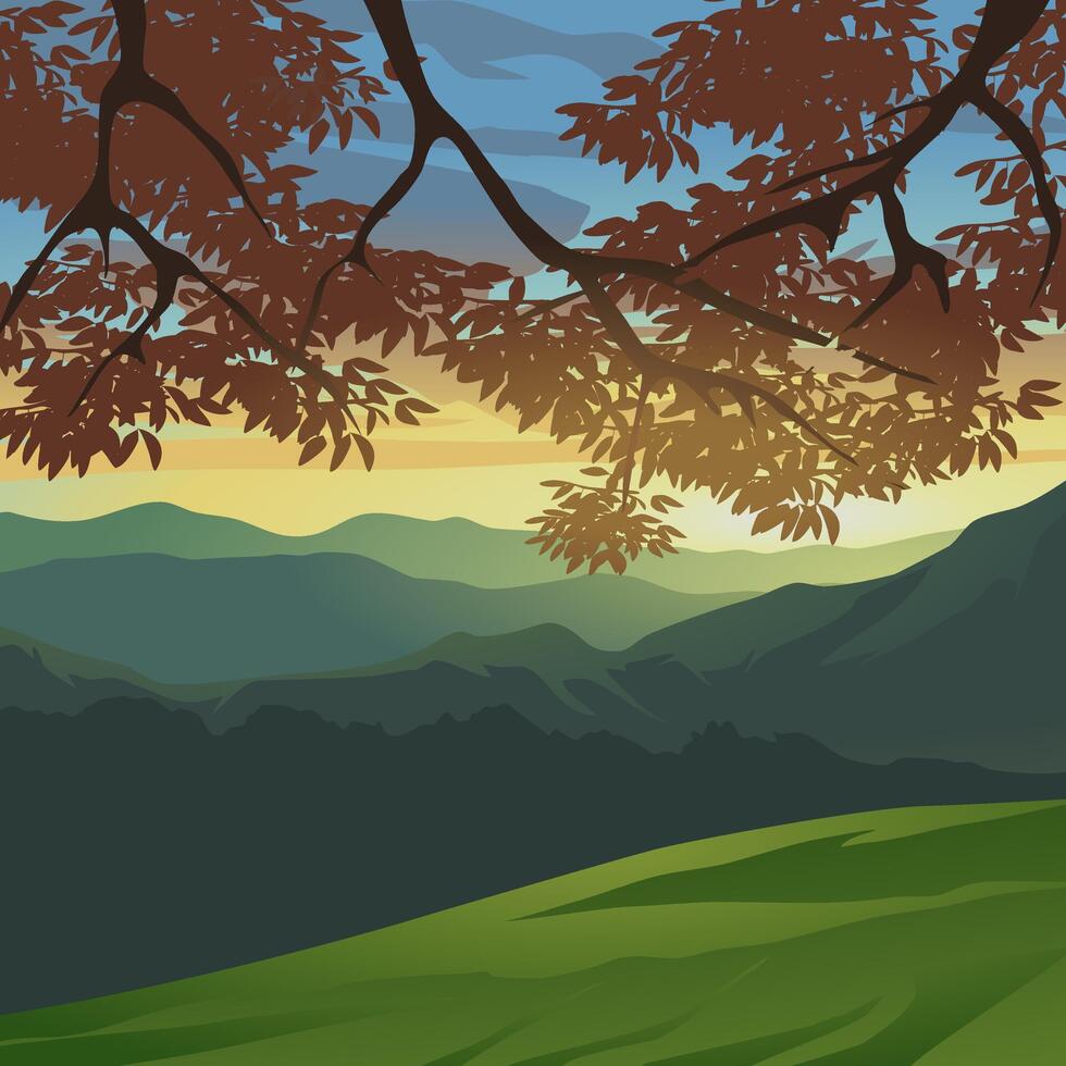 Sunrise over mountain with hanging tree branches. vector