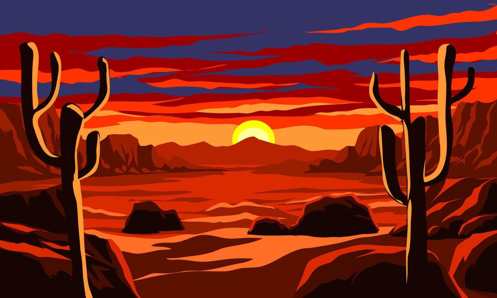Wild west desert landscape with glowing red sunset sky vector