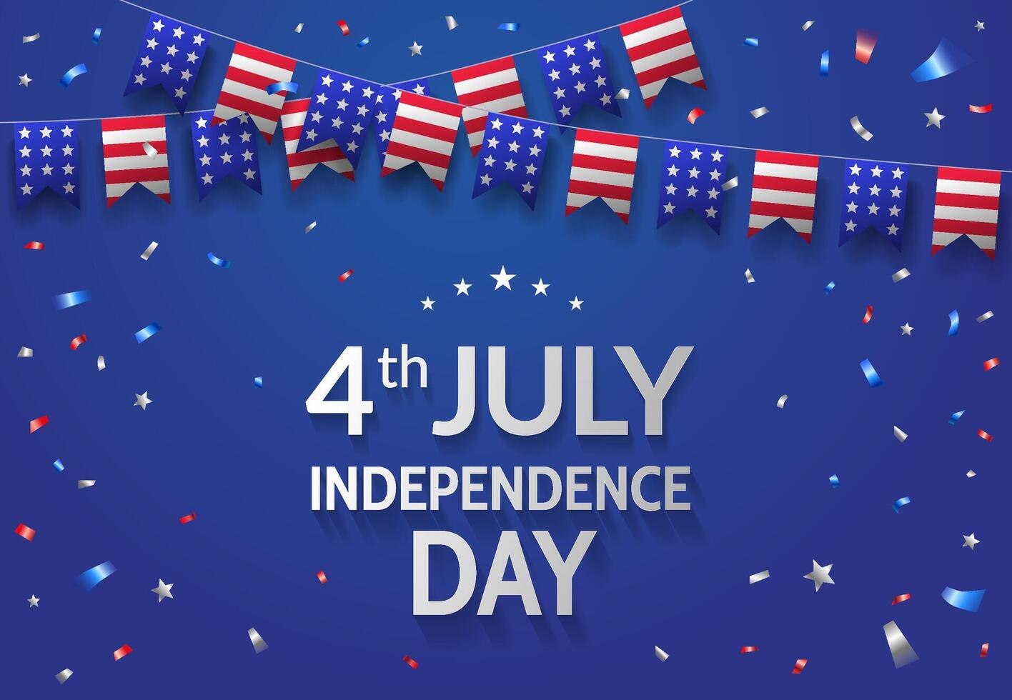 4th July Independence Day celebration greeting banner with flags and confetti on blue background vector