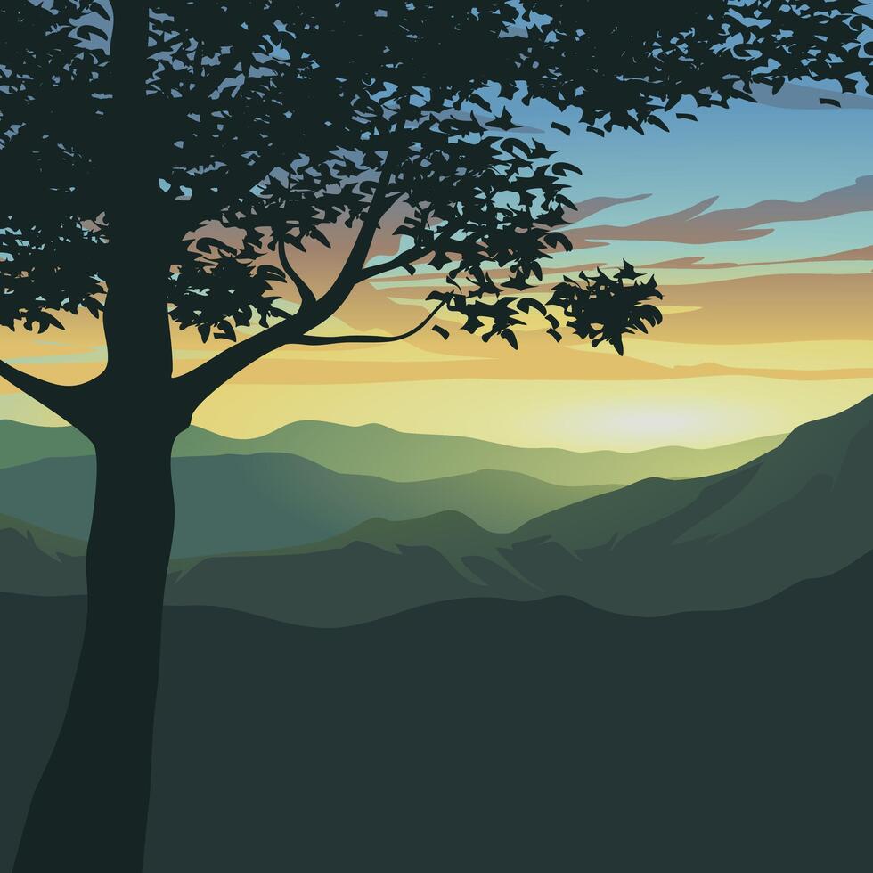 Silhouette of a tree overlooking sunrise with mountains vector