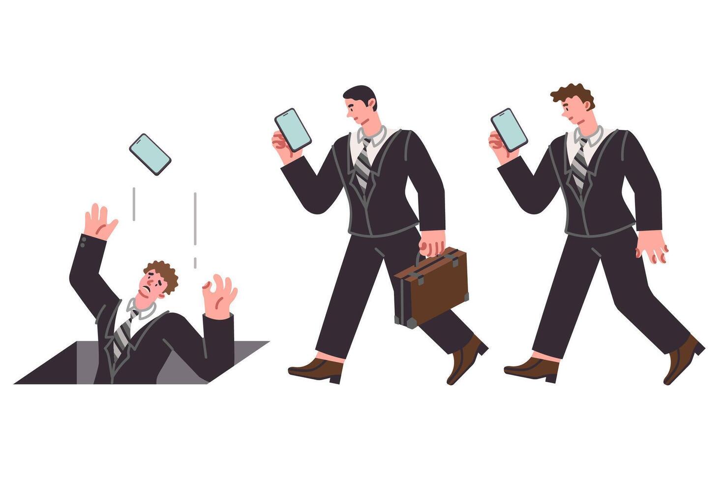 Man using phone falls into hole, suffering due to ignorance or digital addiction vector