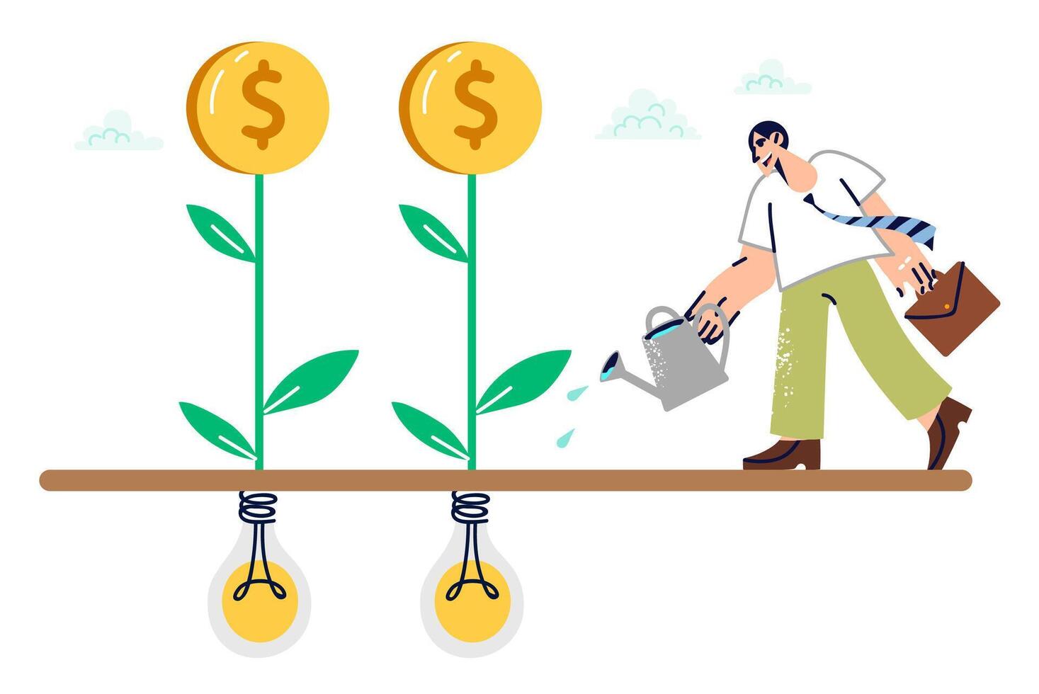 Business man monetizes ideas to generate income from startup, waters seeds from light bulbs vector