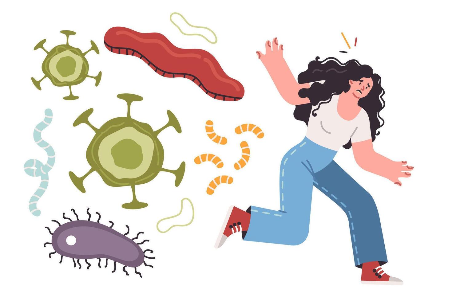 Bacteria and viruses or germs chase running woman who wants to protect herself from flu outbreak vector