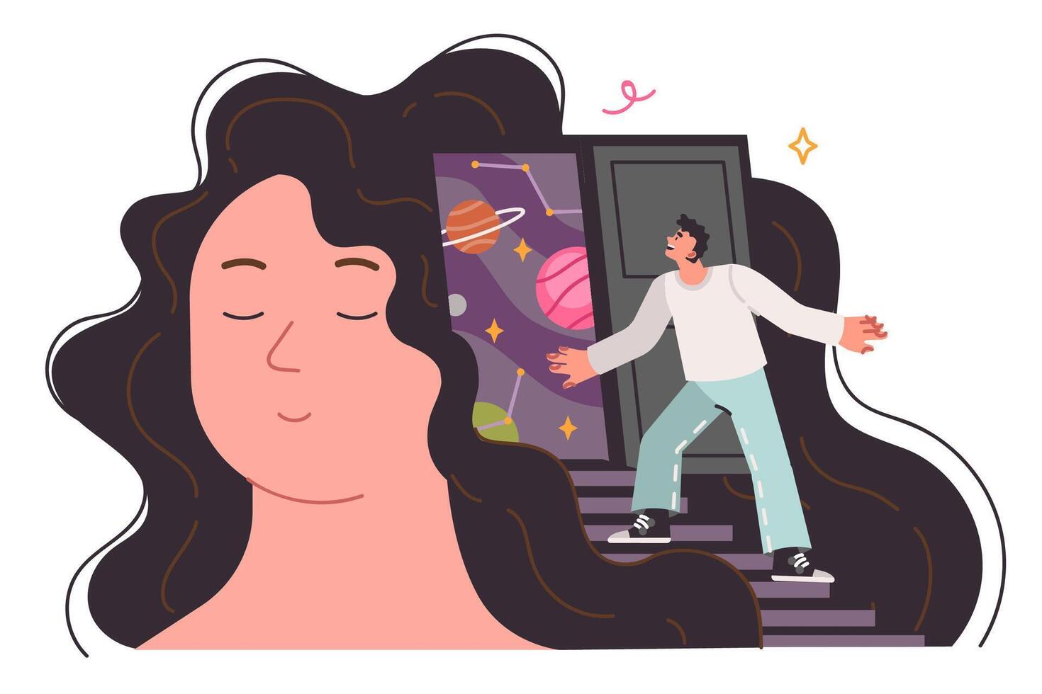 Psychotherapy session for woman with man looking at inner world in head of girl dreaming of space vector