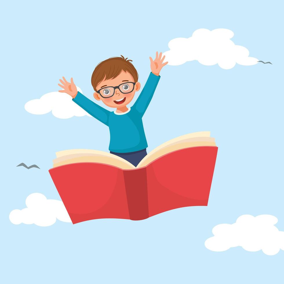 Cute little boy with glasses flying on a open big book waving hands in the blue sky vector