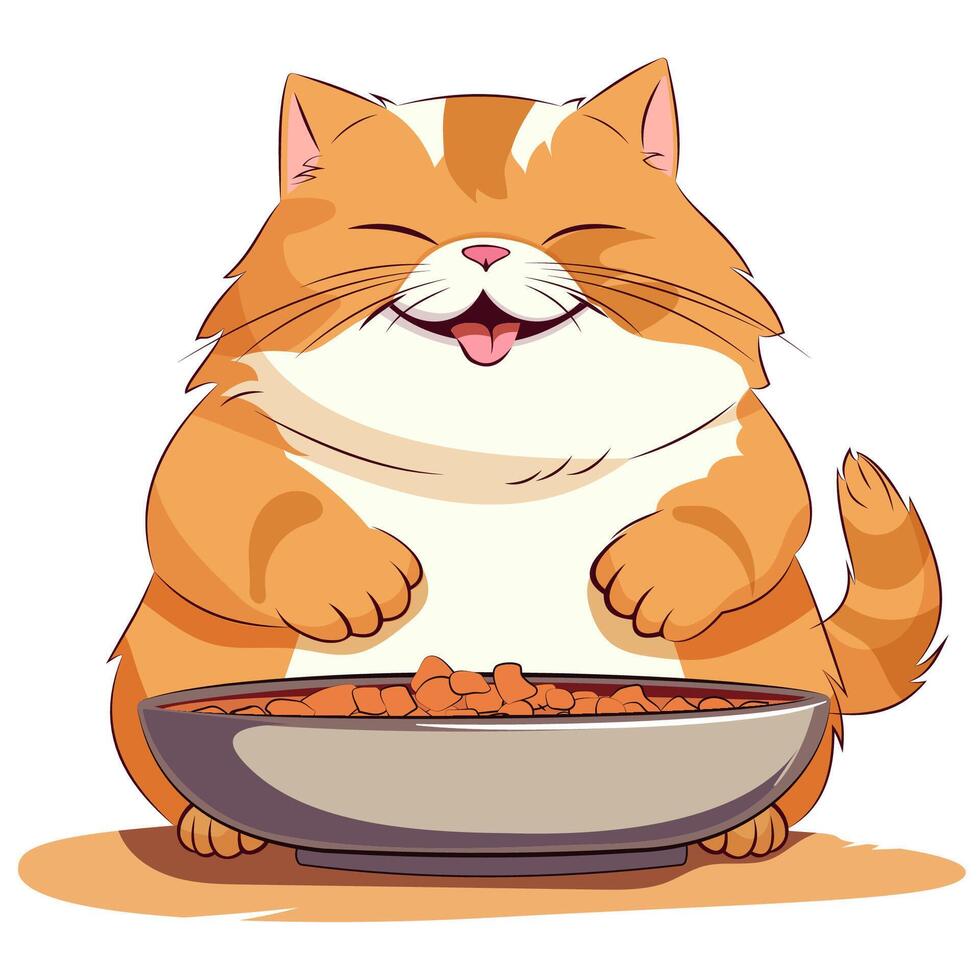 Fun cute fat ginger cat looking at a bowl of food vector