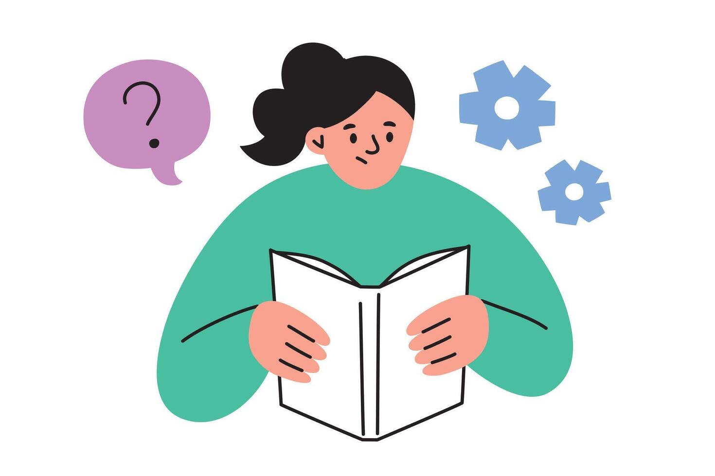 illustration of a girl reading a book. Flat, cartoon style, perfect for themes of education, learning, and studying, a young student engaged with literature and gaining knowledge vector