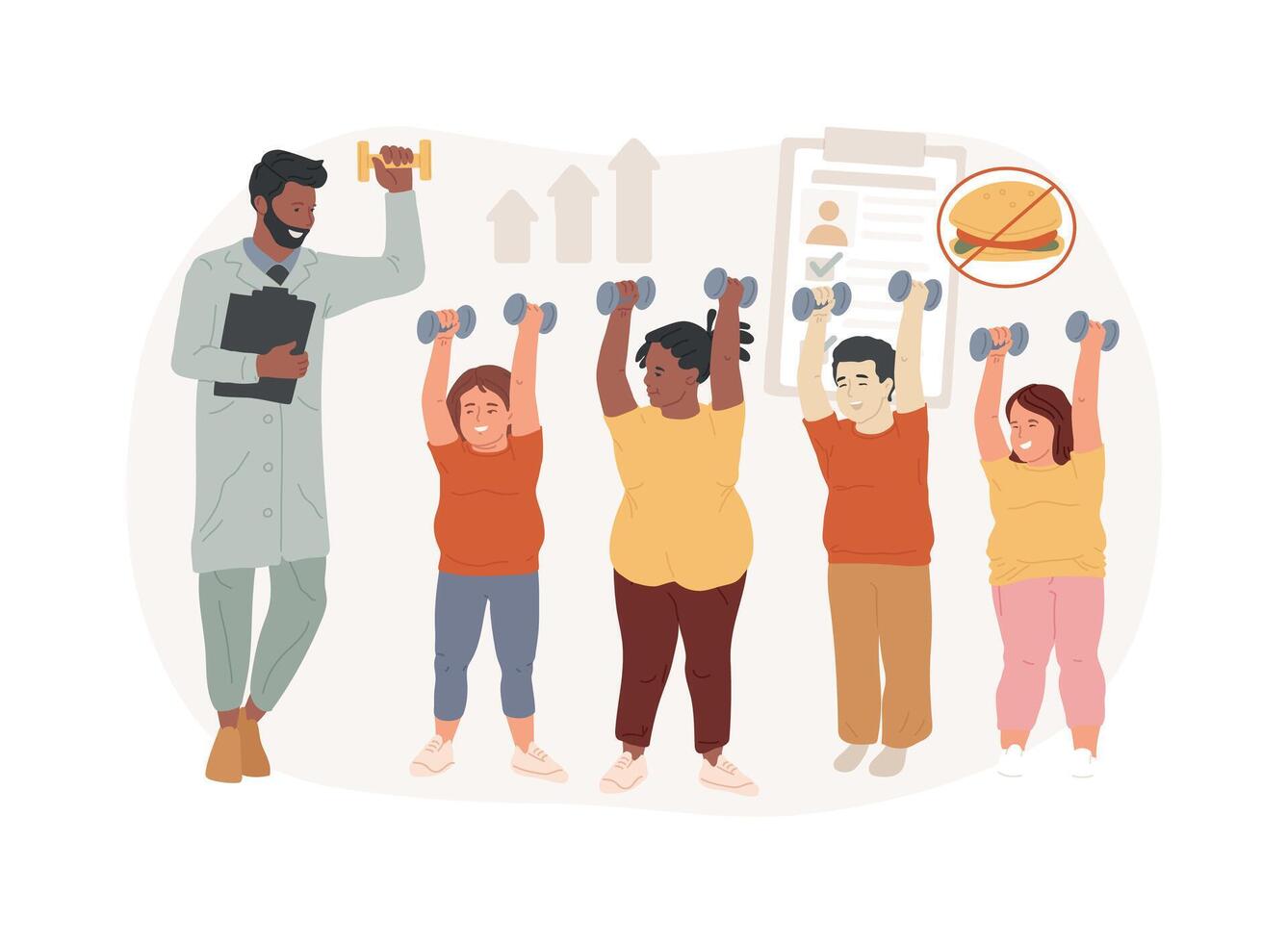 Overweight kids training plan isolated concept illustration. vector