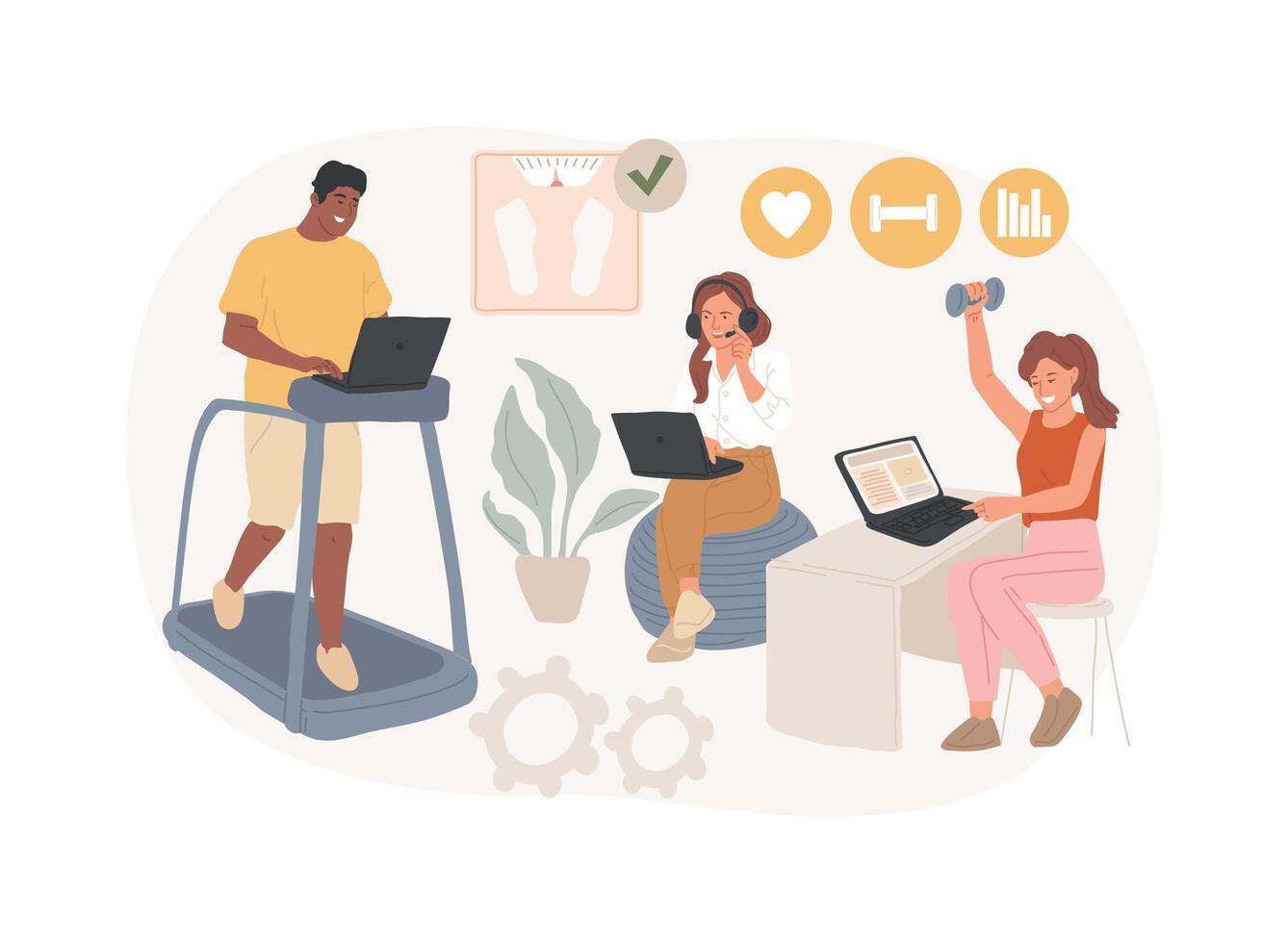 Fitness-focused workspace isolated concept illustration. vector