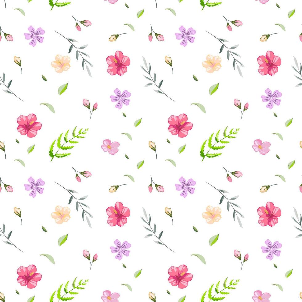 Collage contemporary seamless pattern. Cute floral pattern with small flowers and leafs. Collage contemporary seamless pattern. realistic cartoon style pattern. Minimalism on write background vector