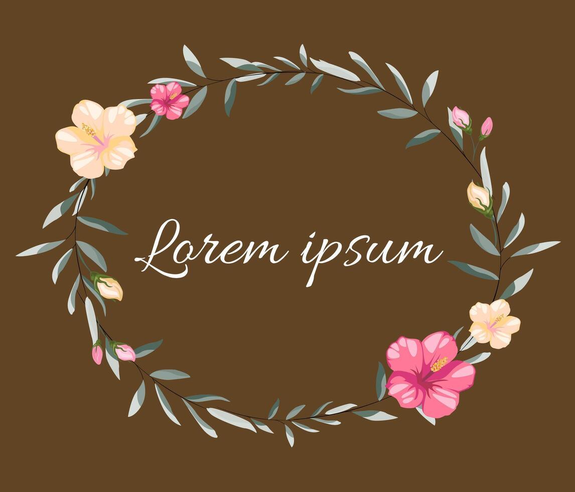 floral round frame, minimal vintage style. Yellow and pink flowers with leafs on brown background. Retro style design romantic postcard or invitation vector