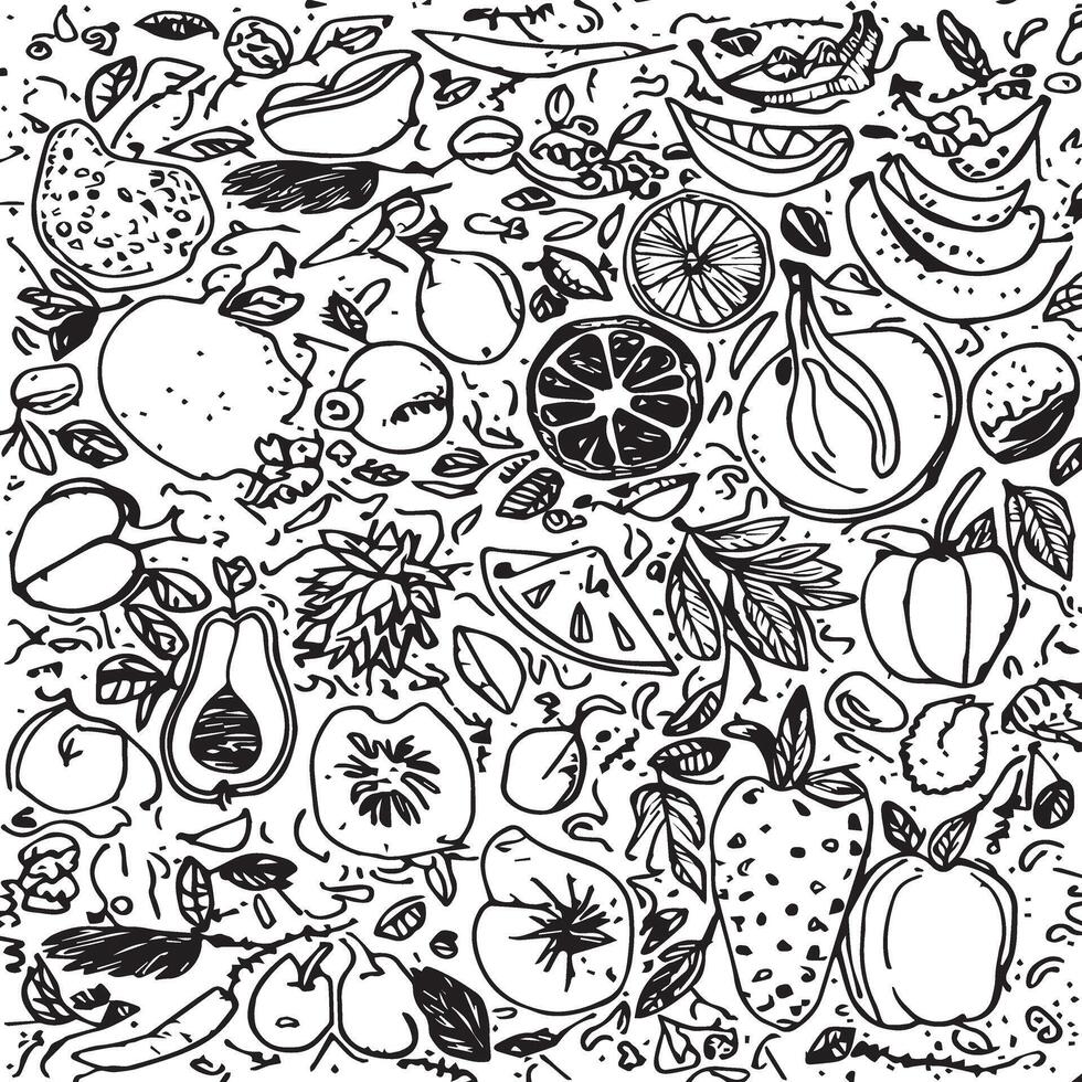 Monochrome Doodle Sketch of Various Fruits and Vegetables vector