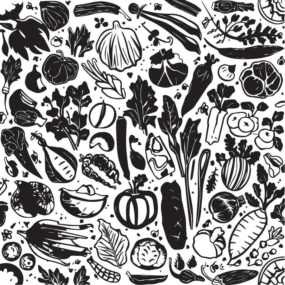 Monochrome Doodle Sketch of Various Fruits and Vegetables vector
