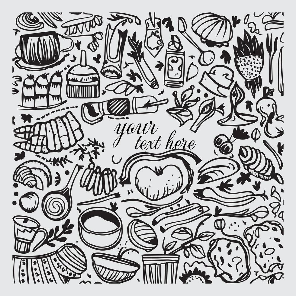 Monochrome Doodle Sketch of Various Fruits and Vegetables vector