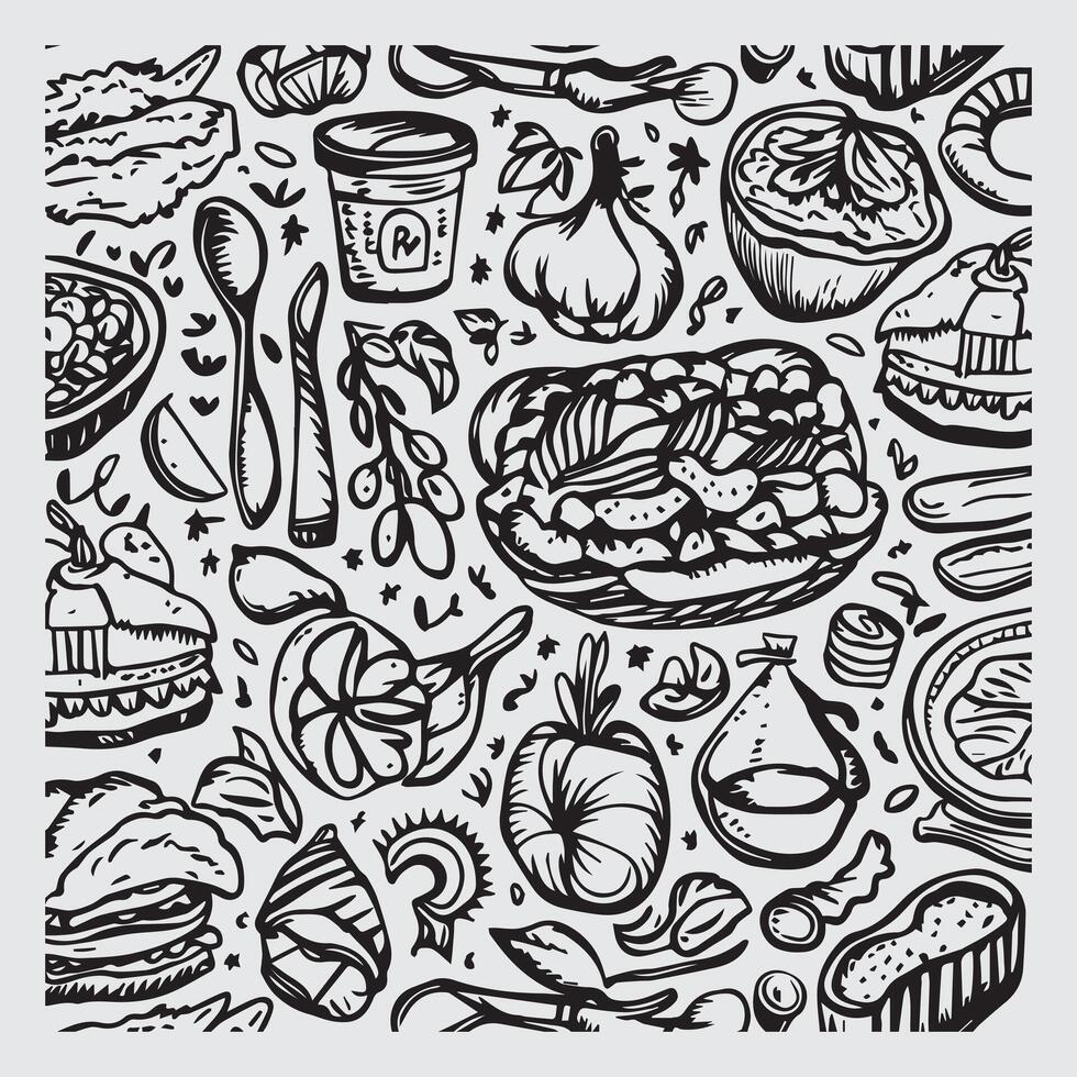 Monochrome Doodle Sketch of Various Fruits and Vegetables vector
