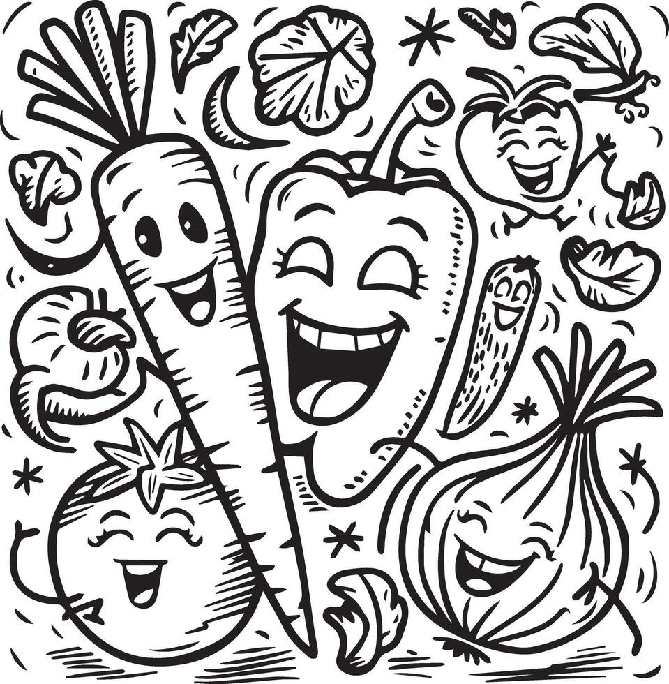 Monochrome Doodle Sketch of Various Fruits and Vegetables vector