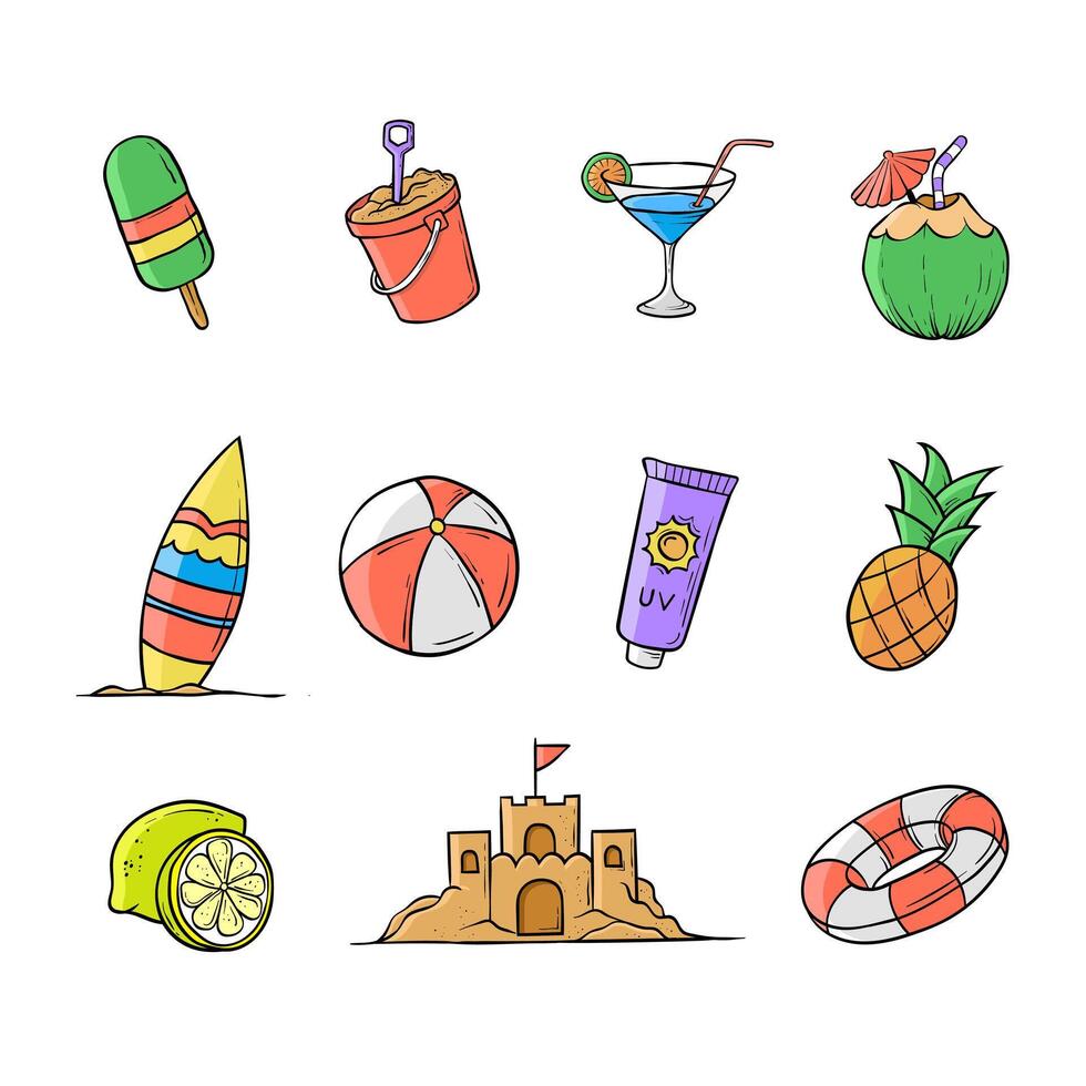 Hand drawn summer icon object illustration. Coconut, pineapple, sand castle, and summer icon set. vector