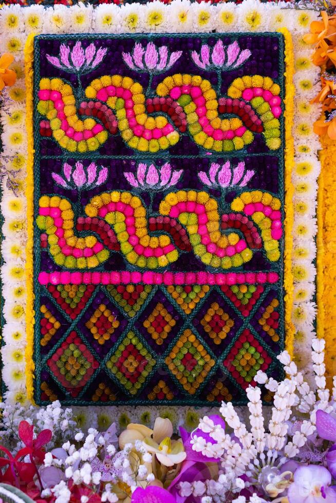 backdrop of beautifully arranged flower and bright colors is backdrop for flower in beautifully arranged garden at flower festival. Beautiful colorful background with Copy Space for inserting text. photo