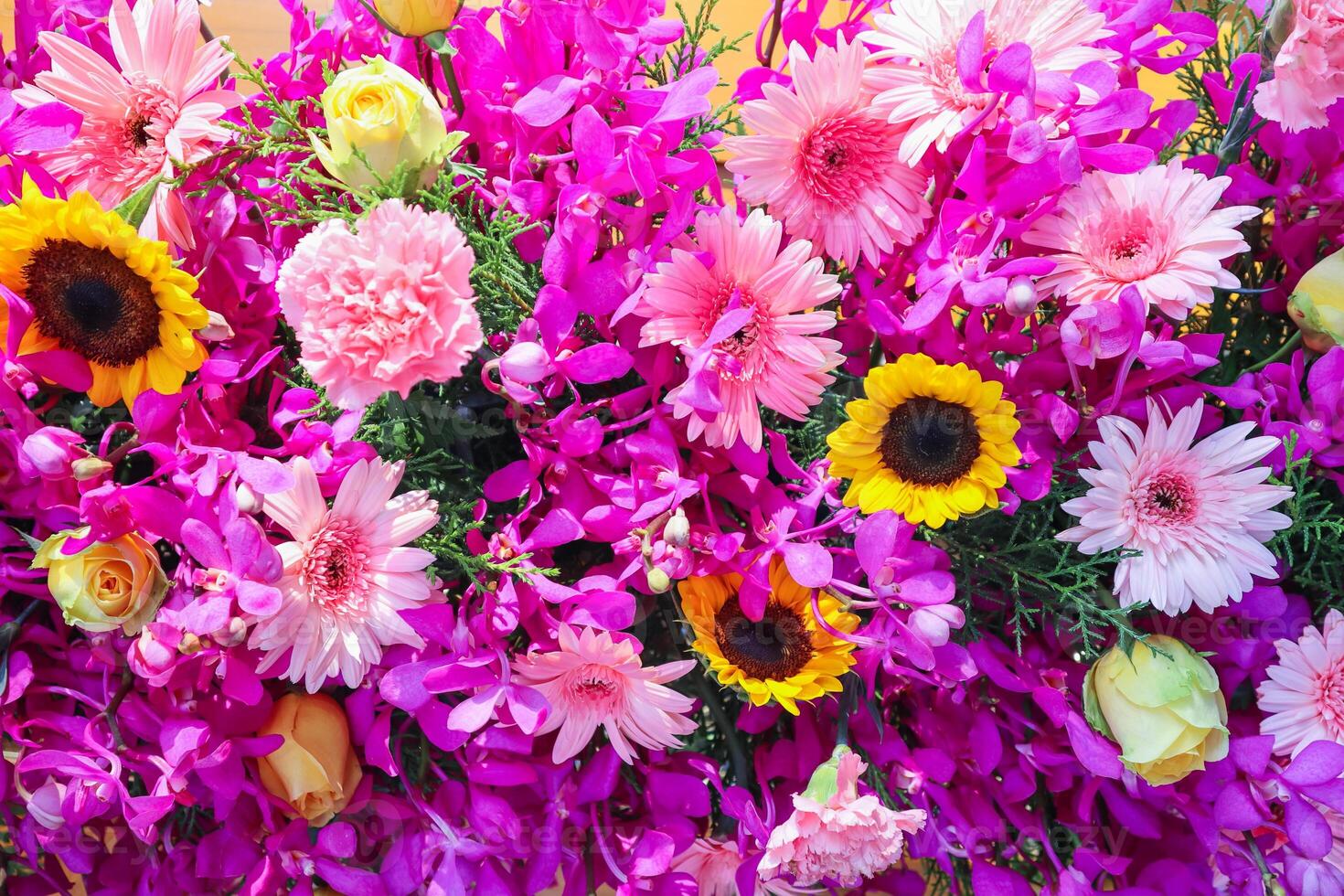 backdrop of beautifully arranged flower and bright colors is backdrop for flower in beautifully arranged garden at flower festival. Beautiful colorful background with Copy Space for inserting text. photo