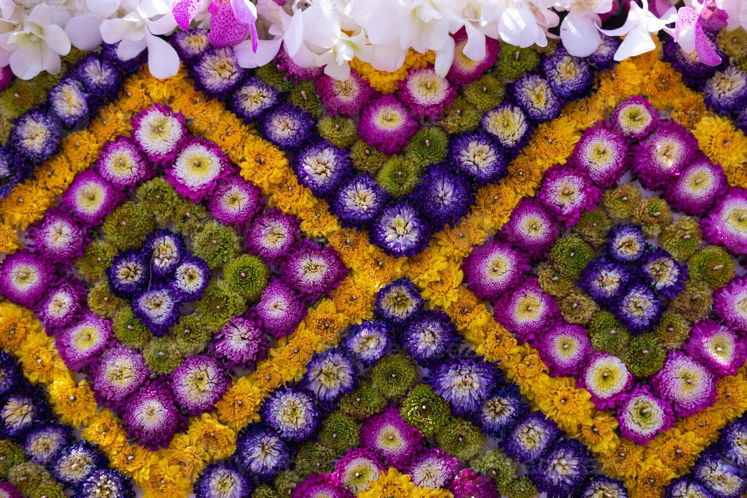 backdrop of beautifully arranged flower and bright colors is backdrop for flower in beautifully arranged garden at flower festival. Beautiful colorful background with Copy Space for inserting text. photo