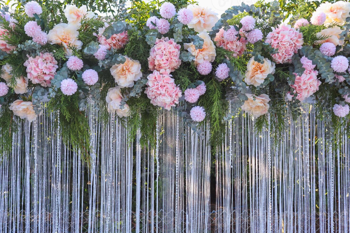 backdrop of beautifully arranged flower and bright colors is backdrop for flower in beautifully arranged garden at flower festival. Beautiful colorful background with Copy Space for inserting text. photo