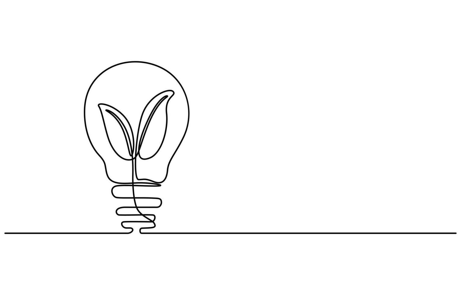 Continuous single line drawing of Light bulb with leaf on white background, vector
