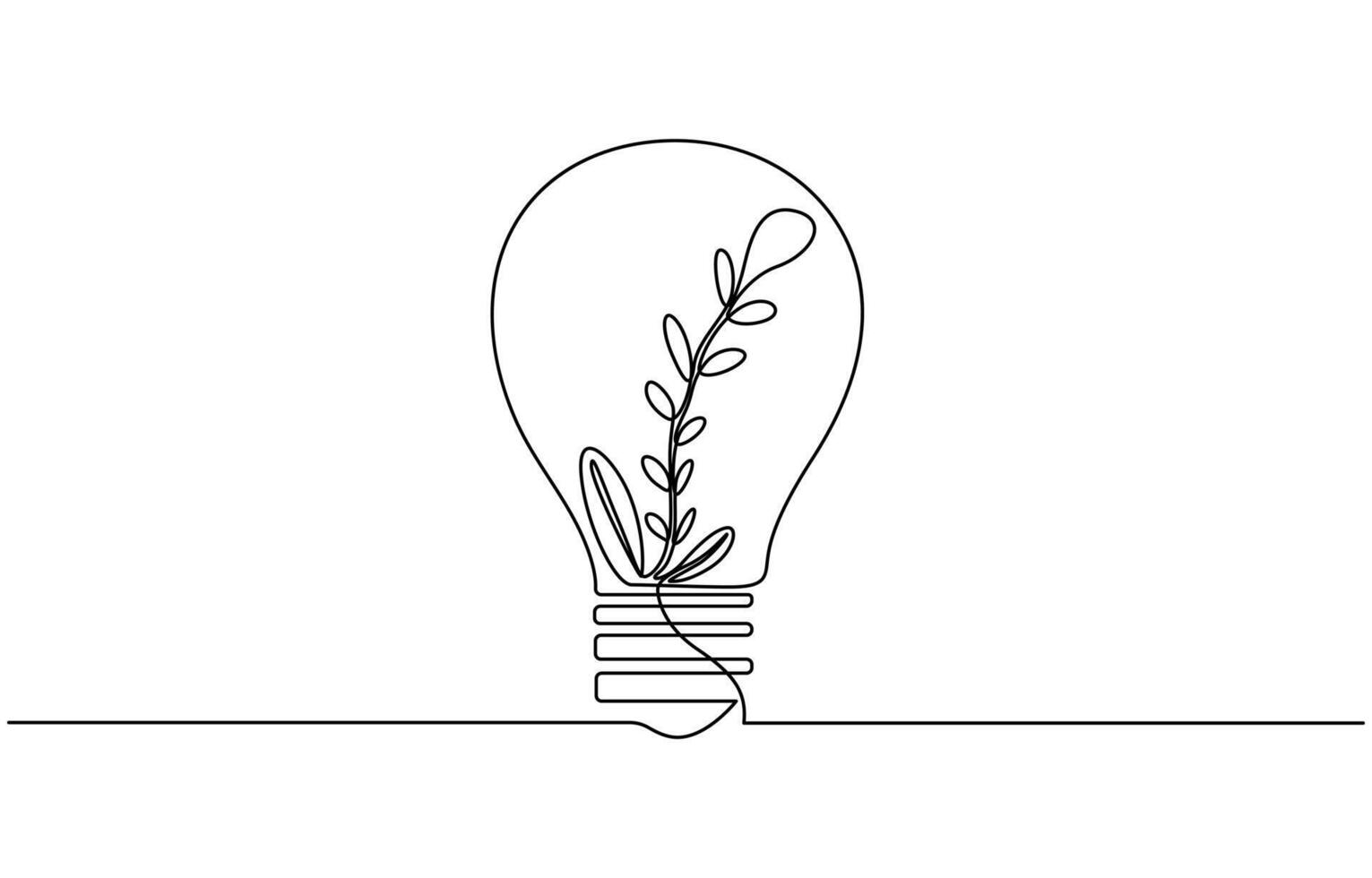 Continuous single line drawing of Light bulb with leaf on white background, vector