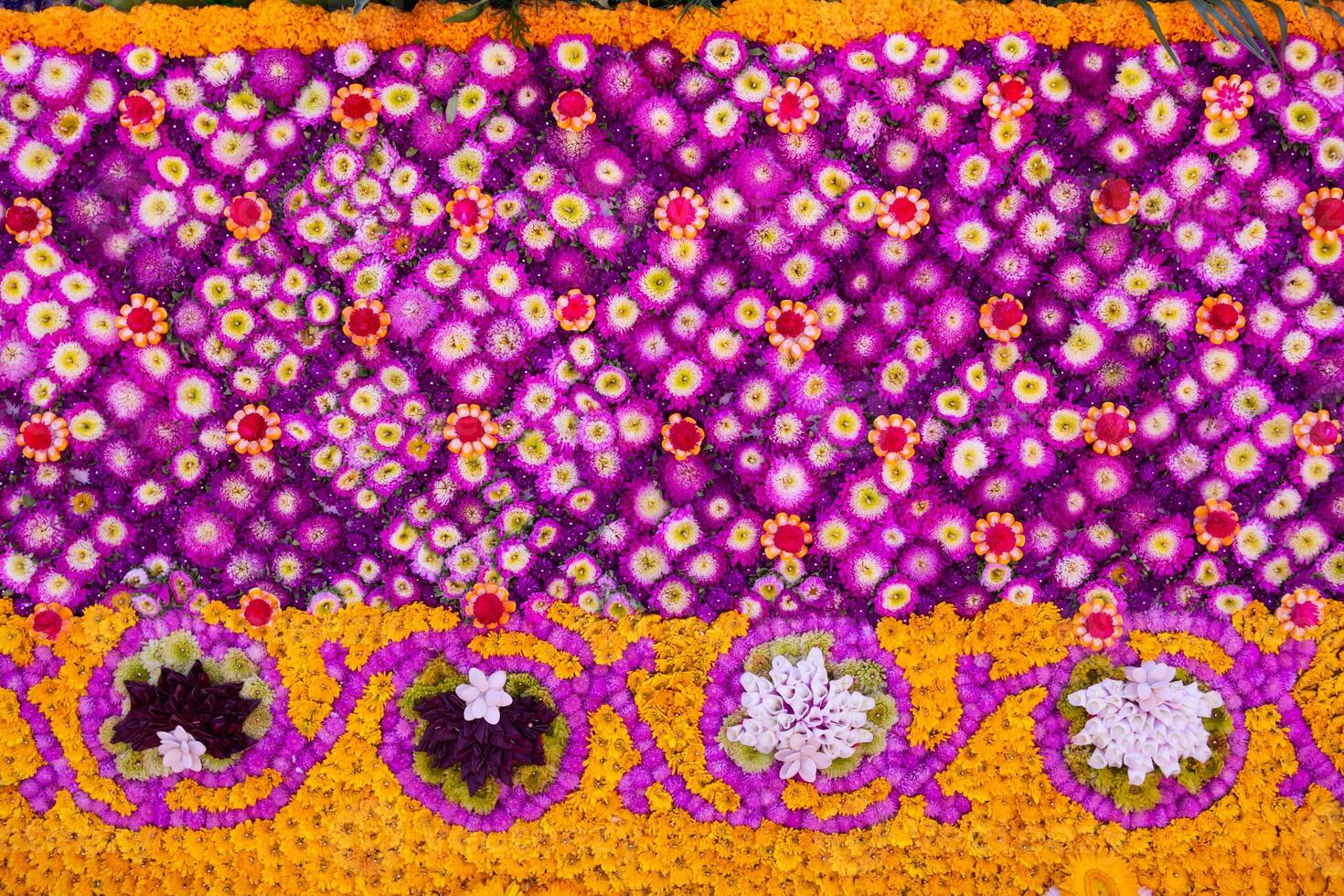 backdrop of beautifully arranged flower and bright colors is backdrop for flower in beautifully arranged garden at flower festival. Beautiful colorful background with Copy Space for inserting text. photo