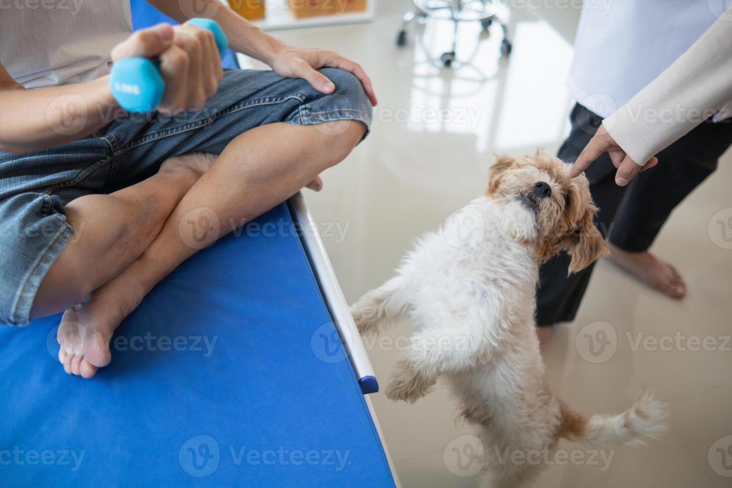 doctor is checking for muscle injuries and using dumbbells test injury and also help with physical therapy strengthen muscles because physical therapy will help strengthen muscles and help blood flow photo
