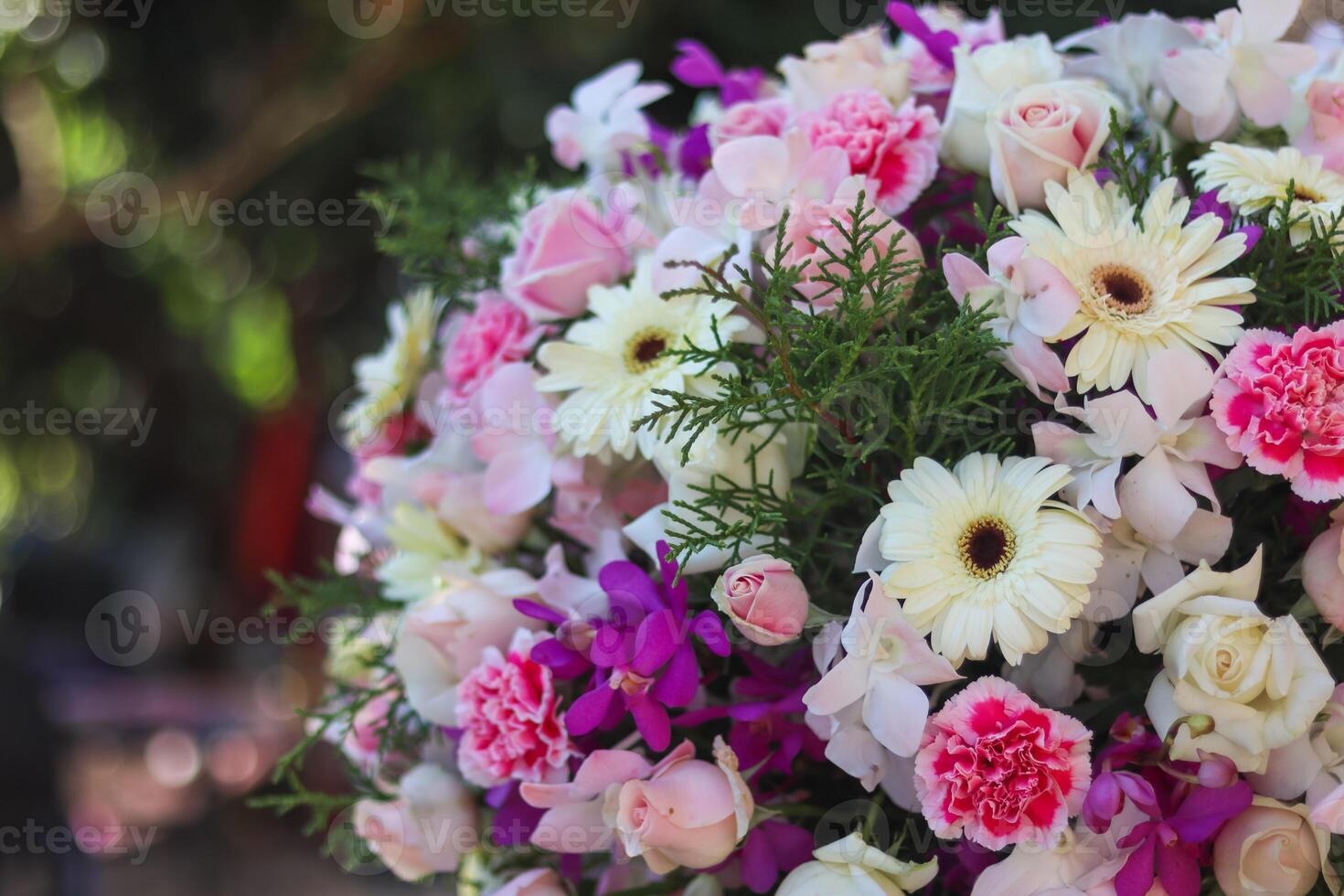 background of beautifully arranged flower and bright colors is backdrop for flower in beautifully arranged garden at flower festival. Beautiful colorful background with Copy Space for inserting text. photo