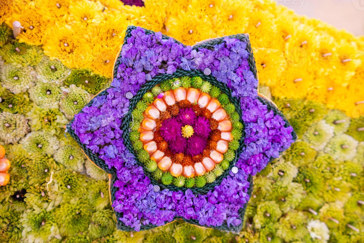 backdrop of beautifully arranged flower and bright colors is backdrop for flower in beautifully arranged garden at flower festival. Beautiful colorful background with Copy Space for inserting text. photo