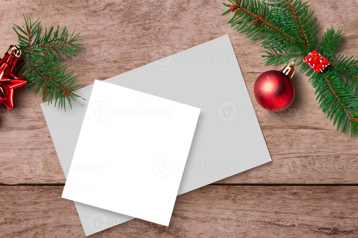 Beautiful Mockup White Card with Christmas Ornaments, A Festive Touch for Your Holiday Greetings photo