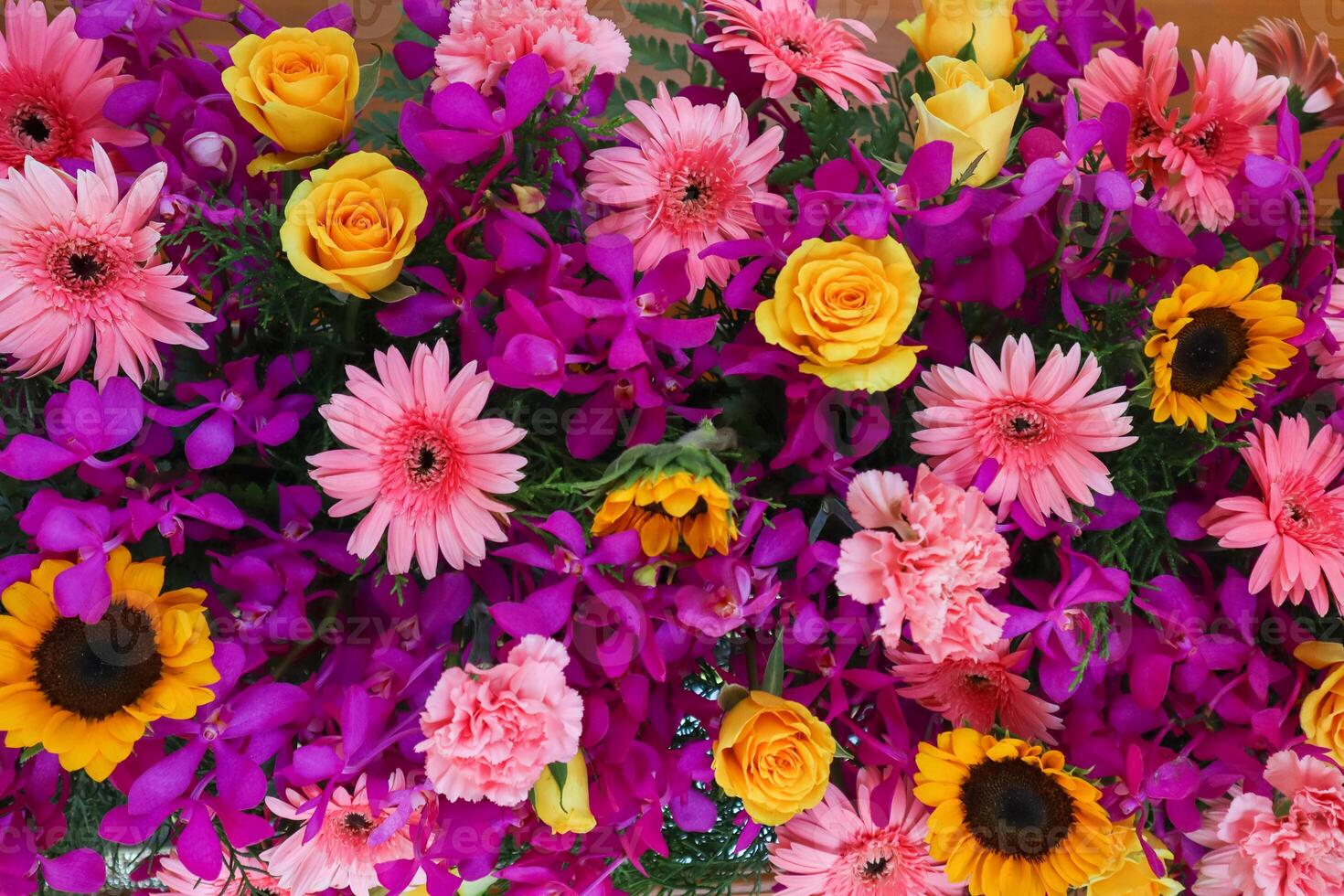 backdrop of beautifully arranged flower and bright colors is backdrop for flower in beautifully arranged garden at flower festival. Beautiful colorful background with Copy Space for inserting text. photo