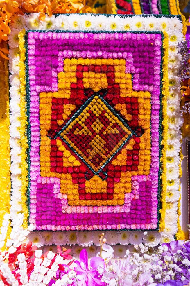 backdrop of beautifully arranged flower and bright colors is backdrop for flower in beautifully arranged garden at flower festival. Beautiful colorful background with Copy Space for inserting text. photo