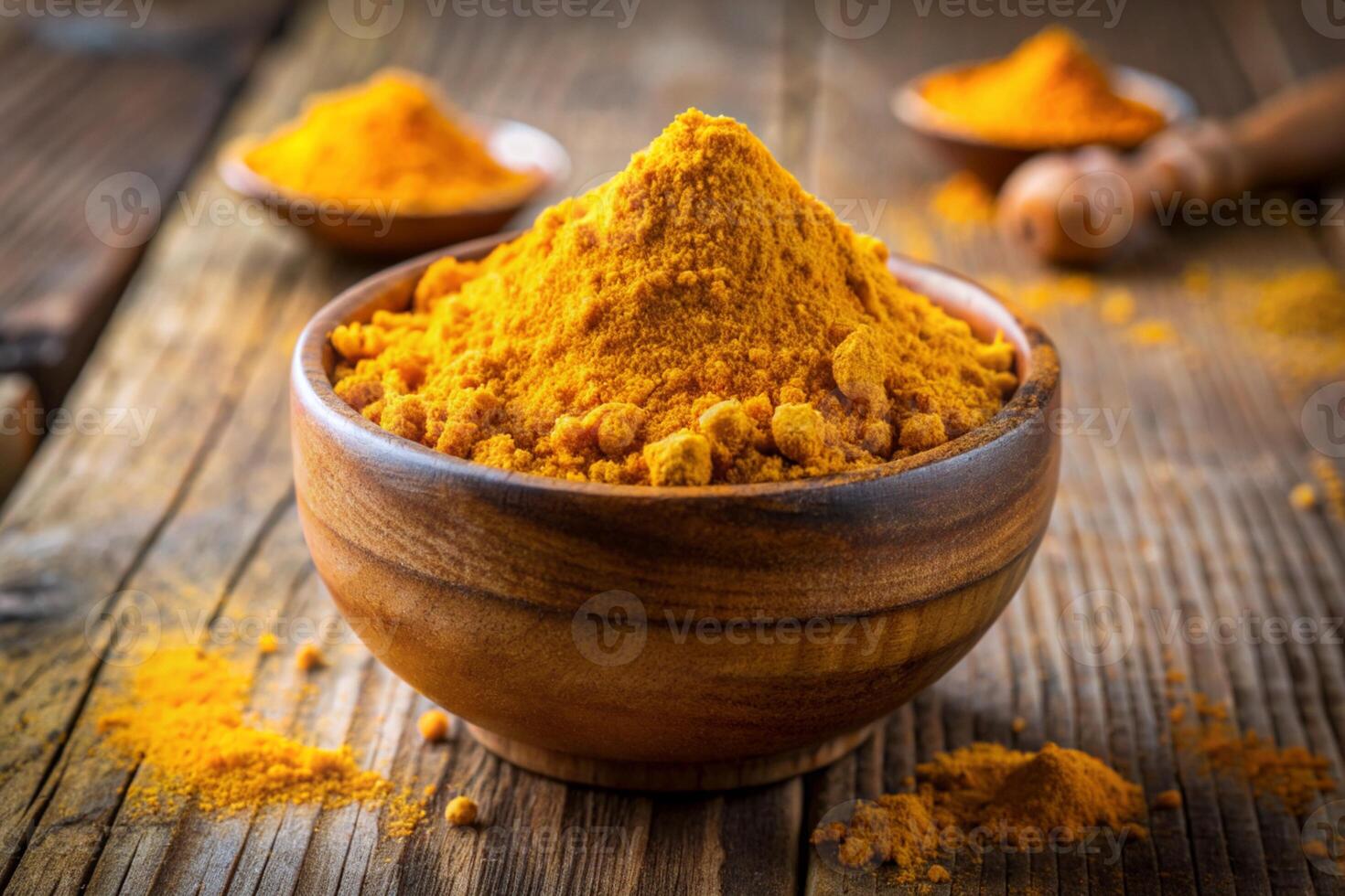 tumeric powder in a wooden bowl on a rustic wooden table photo