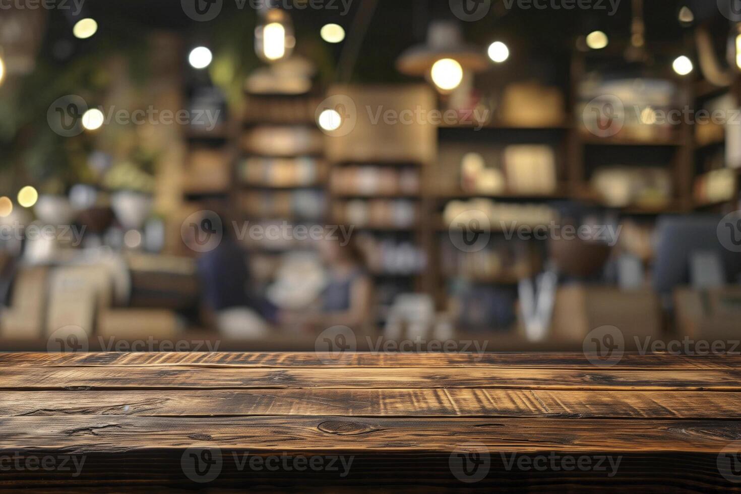 Empty wooden table for present product on coffee shop blur background. photo